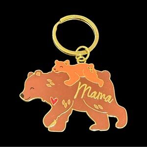 Mama Bear Keychain Gold Tone Brown Enamel Double Sided